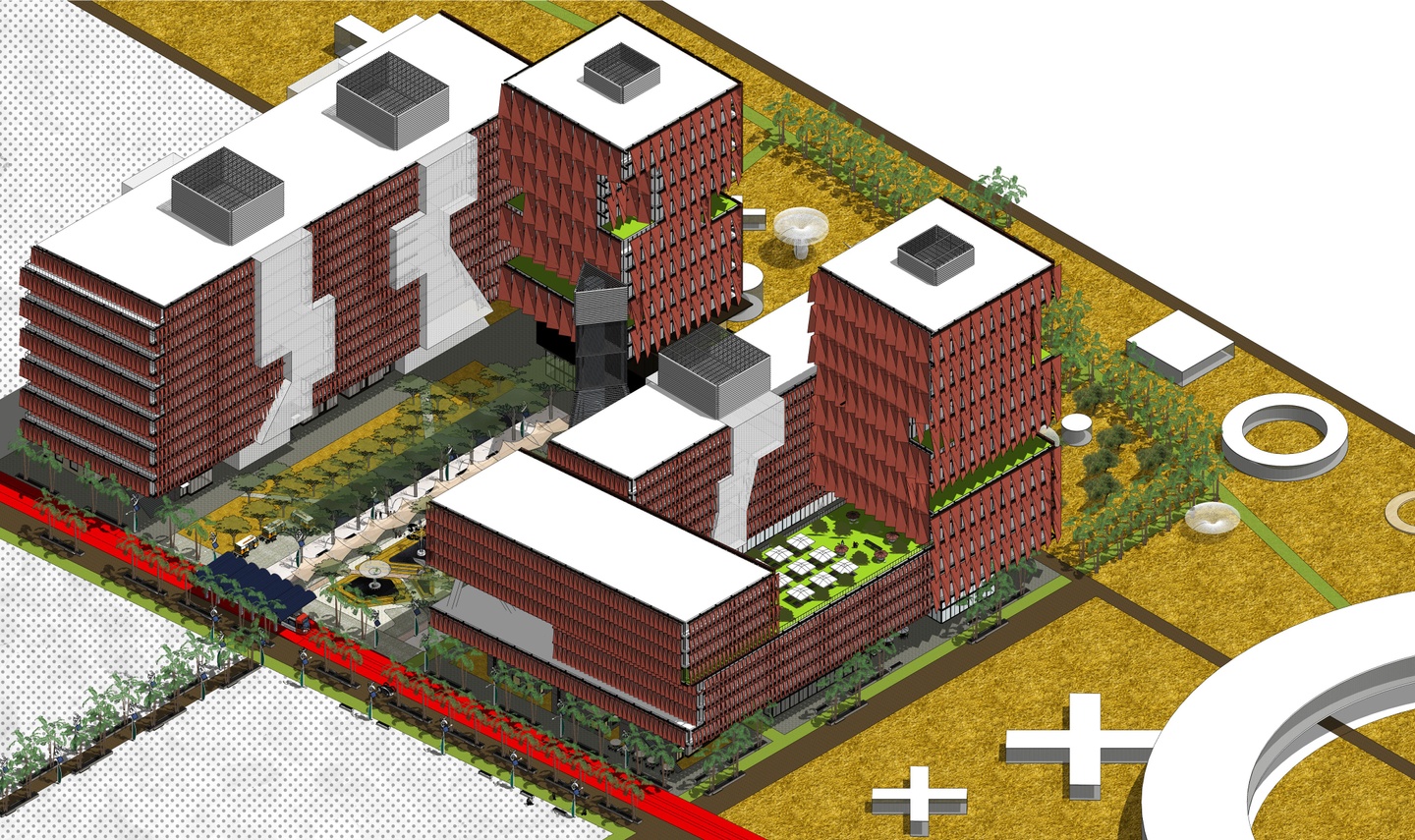Drawing of two multi-tier buildings on a site.