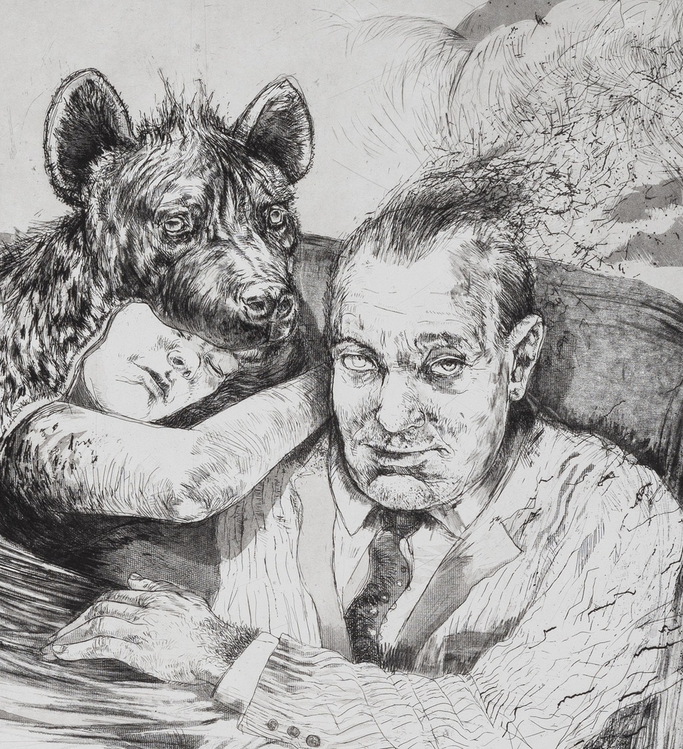 detail of print showing girl with hyena mask and man sitting in chair