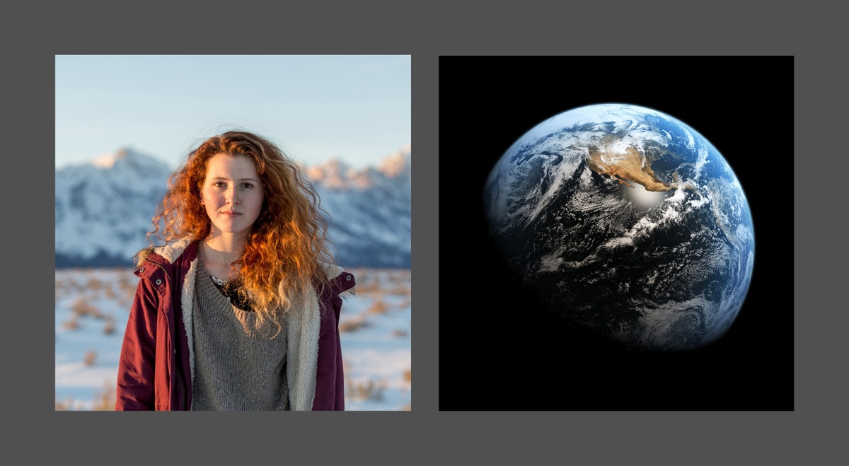 Reference images of a girl with ginger hair and a red parka jacket, and a photograph of the earth from space
