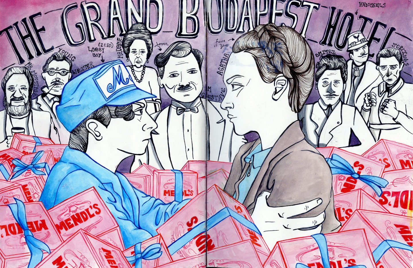 Open spread illustration in sketchbook depicts black and white figures: one figure grasping another figure by the arms, both with stern looks to the other, other figures in the background with referenced text for names. Foreground figures are surrounded by jumbled pink boxes labeled Mendl's. Text in the background across the top reads The Grand Budapet Hotel.