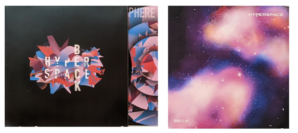 Album cover for Beck Hyperspace, black backgroun with pink cloudy galaxy