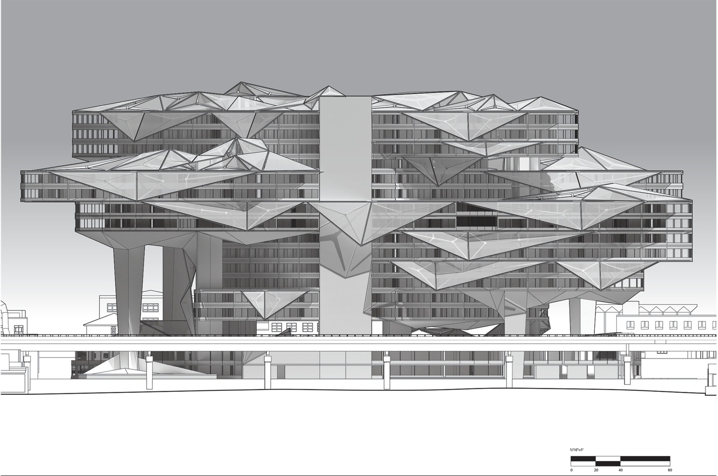 Computer rendering of black and white elevation of a large building with cantilevered faceting forms on various levels.