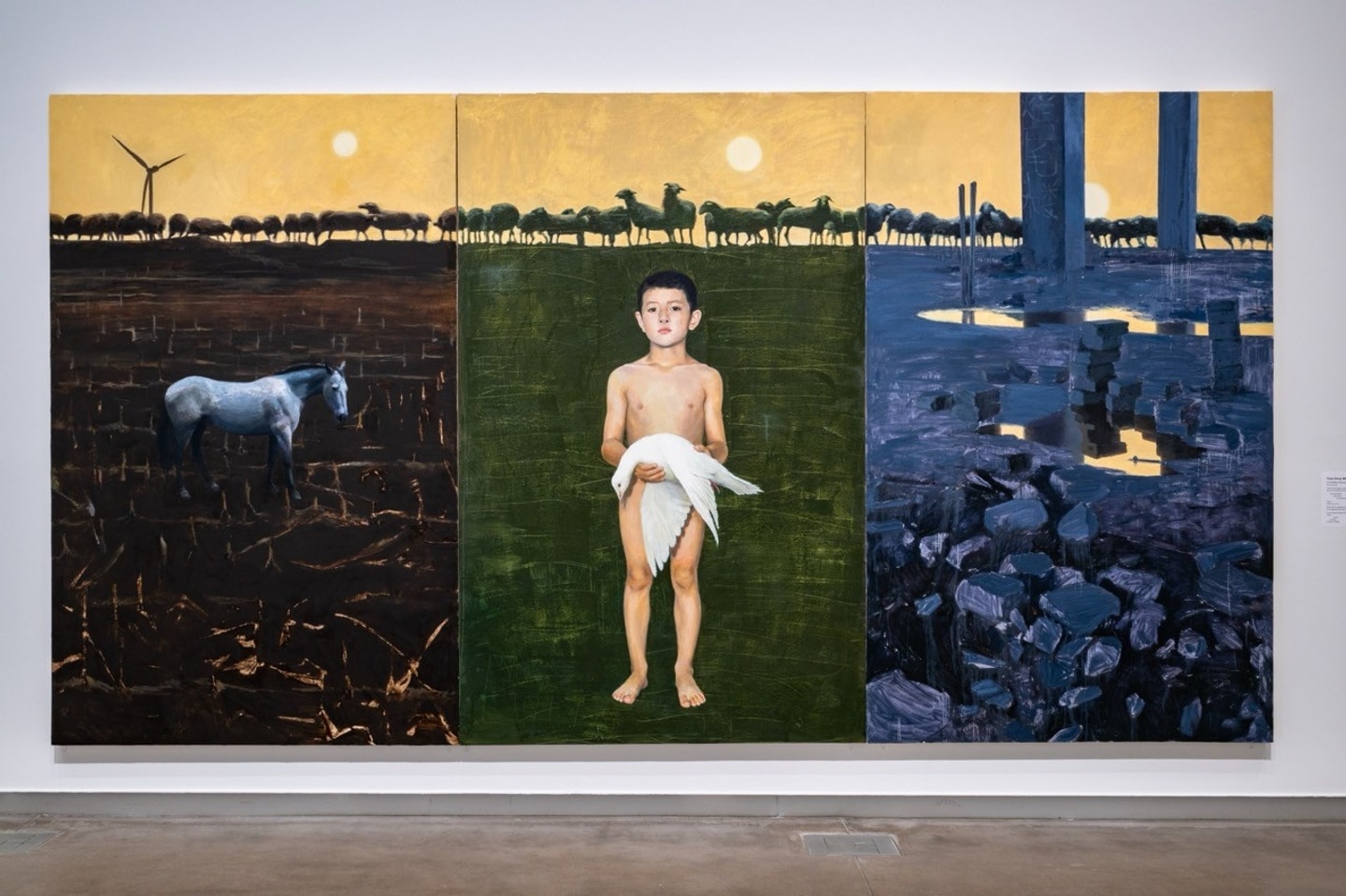triptych of a horse, a boy, and a flock of sheep