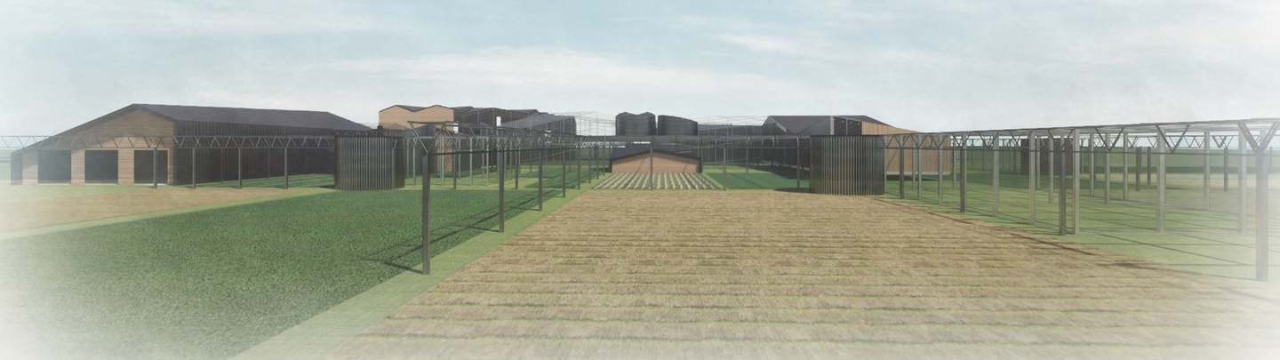 Computer rendering of an exterior perspective of an agricultural system with medium-sized agricultural buildings in the background.