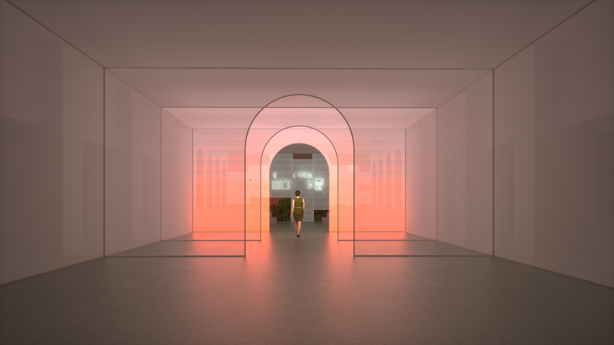 Render of a series of scrim archways, illuminated by pink light with three-dimensional map in background