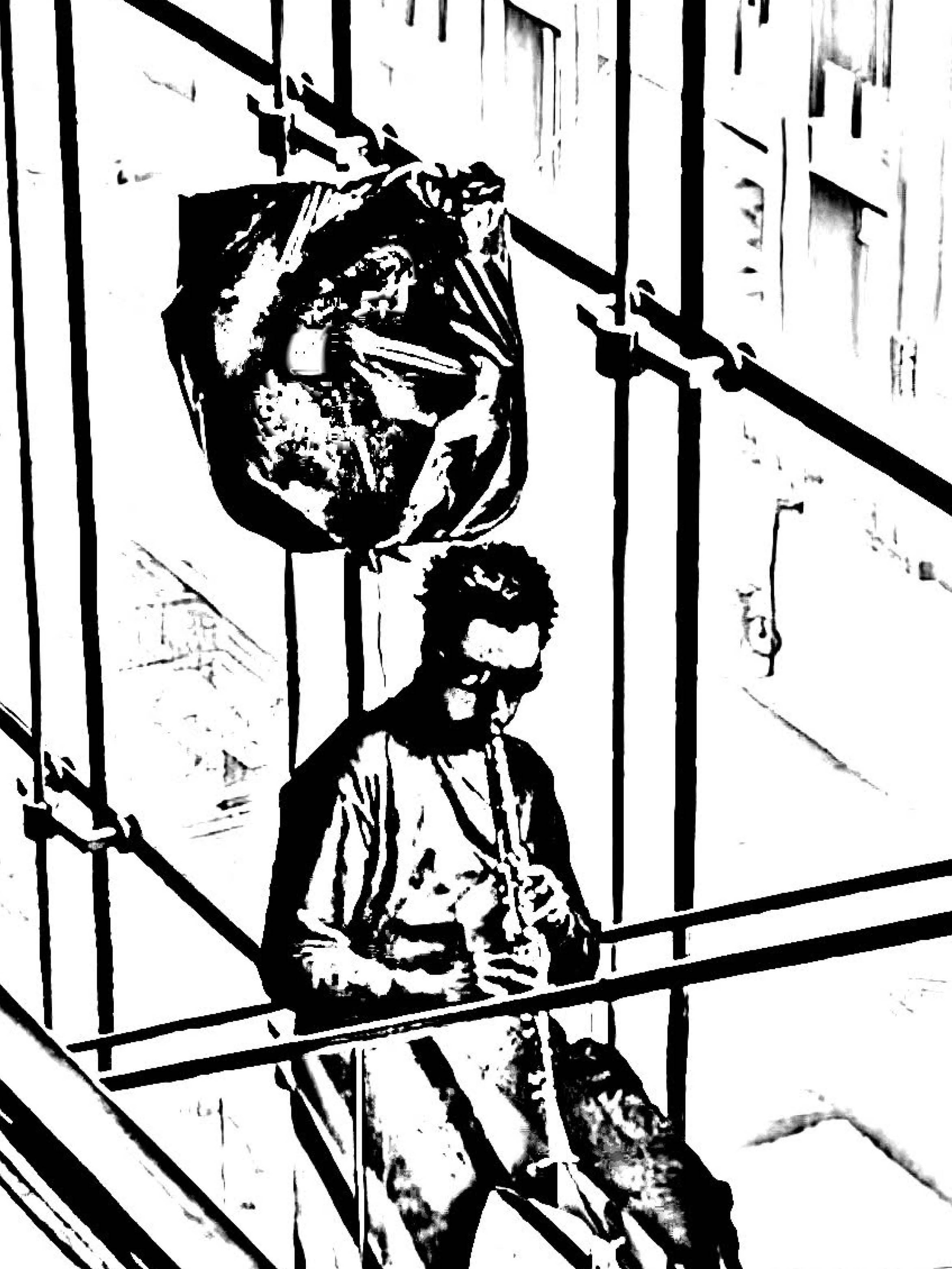A manipulated photo digitally edited to look like a black and white line drawing. In the image, a person is seen from above riding an escalator playing a clarinet.