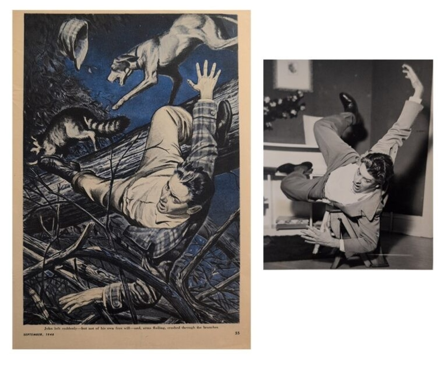 illustration of a man falling over a tree branch with a dog and cat running in the background. The left is a reference photo of a man falling.