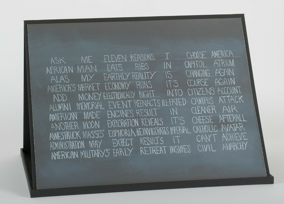 Lithograph of white text on a black background, printed to look like a blackboard.