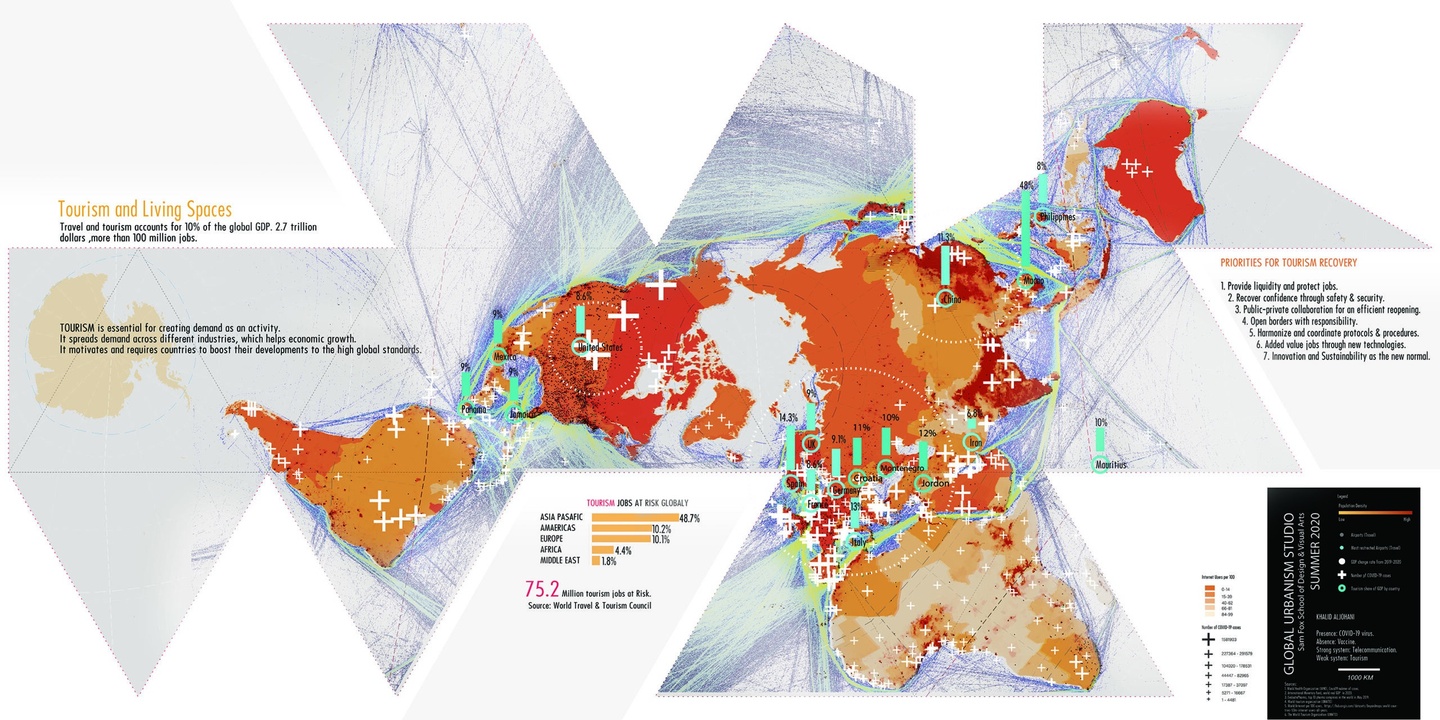 Playing off of Buckminster Fuller's famed Dymaxion World Map, a heat map indiciating COVID-19's effect on global tourism, in shades of red and orange with teal green bars for key stats. 