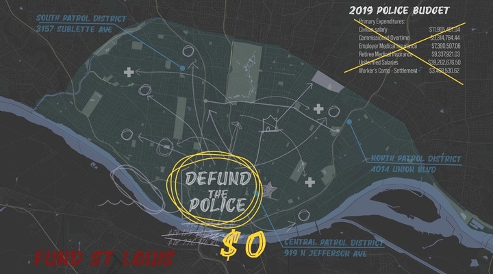 Gray map on a dark background showing relevant police locations across the city of St. Louis.