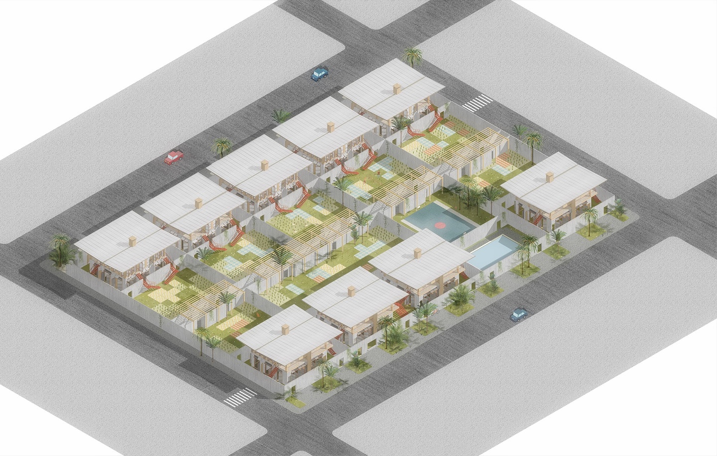 Computer rendering of repeated buildings in a block with an open interior tropical green space.