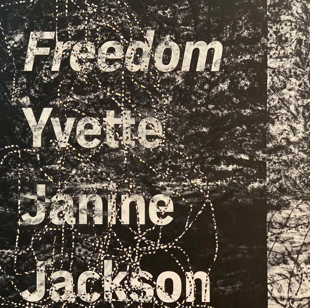 The words “Freedom” and “Yvette Janine Jackson” are written in large white type on an almost black background with swirls of thin white and gray lines; a lighter gray textured swath runs down the right edge.