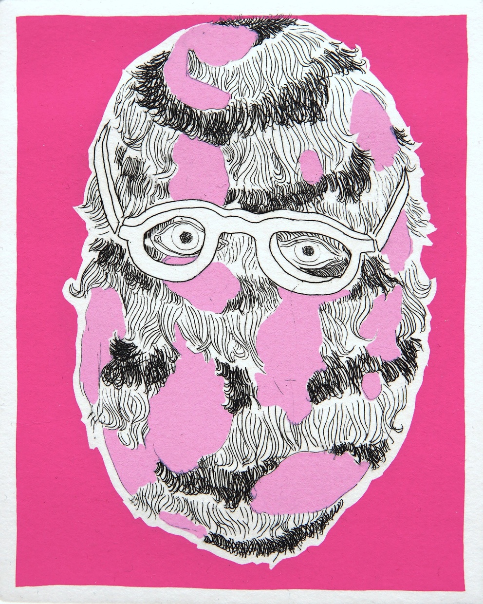 A cartoon-like head with pink "skin," and black and white fur and glasses.