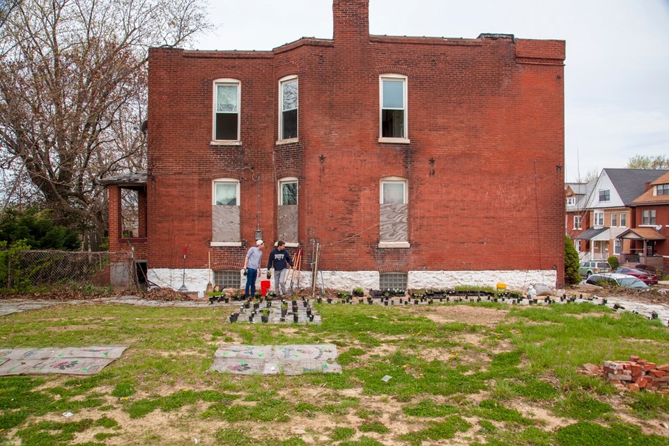 Two people stand against a brick house, with plants laid out on the ground in front of them. 