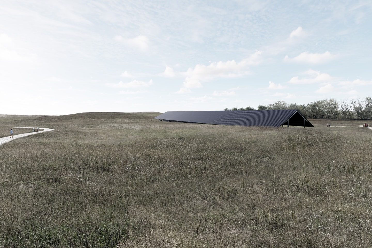 Wide architectural rendering of a long, dark-roofed building integrated into an expansive prairie landscape.