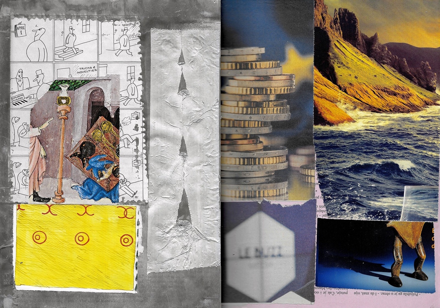 A collage: an illustration of some scene from antiquity on a comic strip (black linework on a white background), both of which are above a yellow composition with red geometric line patterns; a manipulated white texture; photographs of mechanical bits/coins; an out of focus image of some text; a sculpture against a dark background, cropped to show its legs and the long shadow that follows it; and a landscape of a cliffside by the sea. The background of these latter four images is some pink paper with small black text, rotated to be upside down.