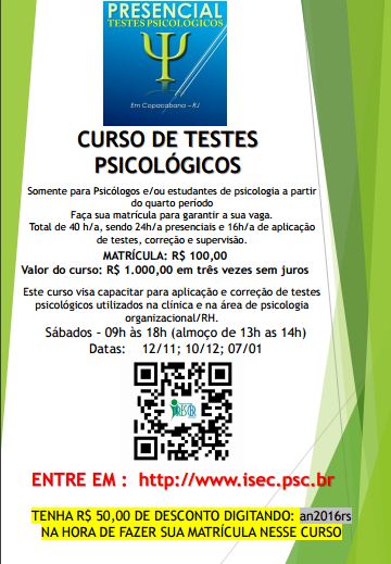 CURSO DE TESTES PSICOLÓGICOS- Para Psicólogos e/ou Estudante de Psicologia a partir do 4° Período