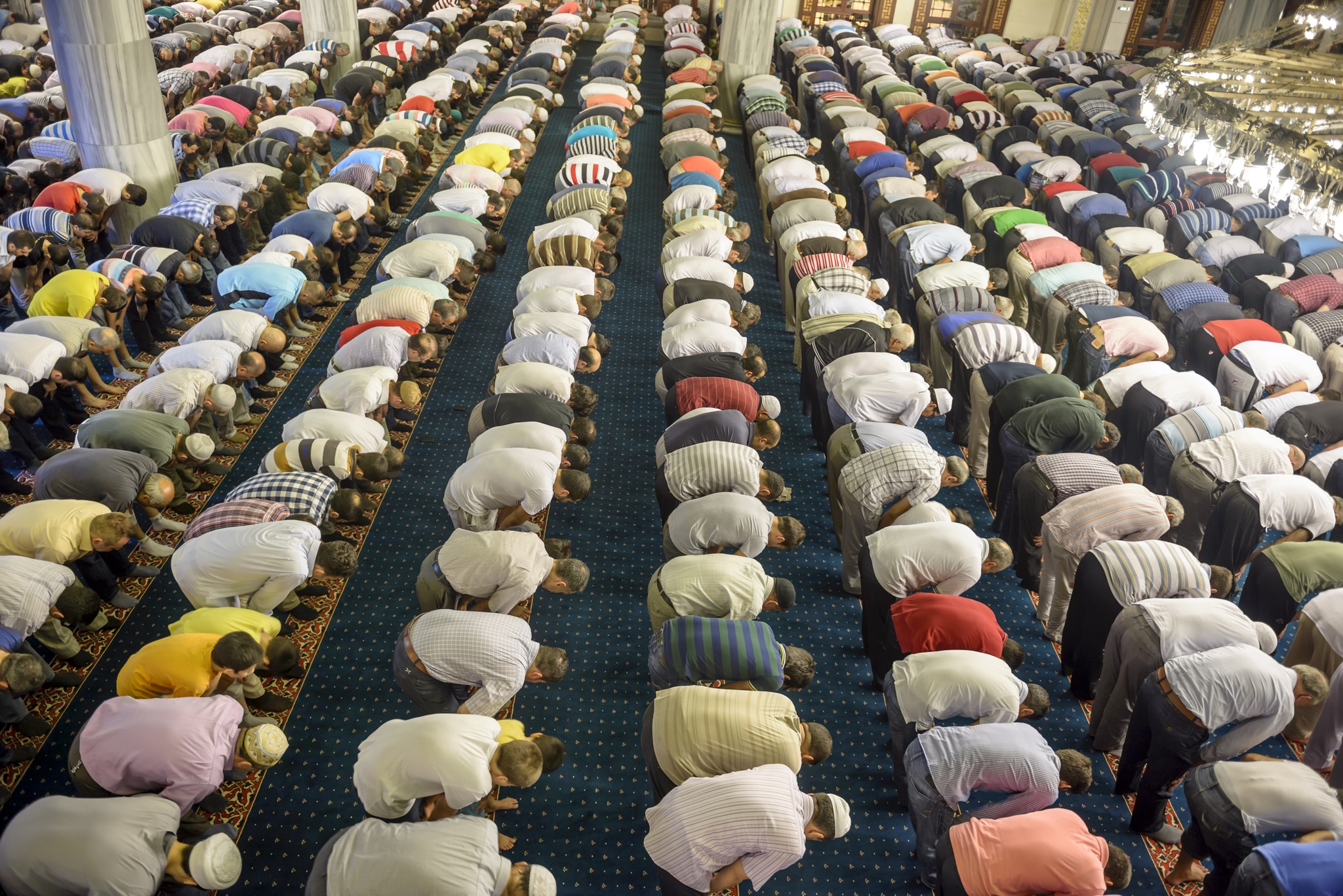 A group of muslim men at prayer, arranged in rows