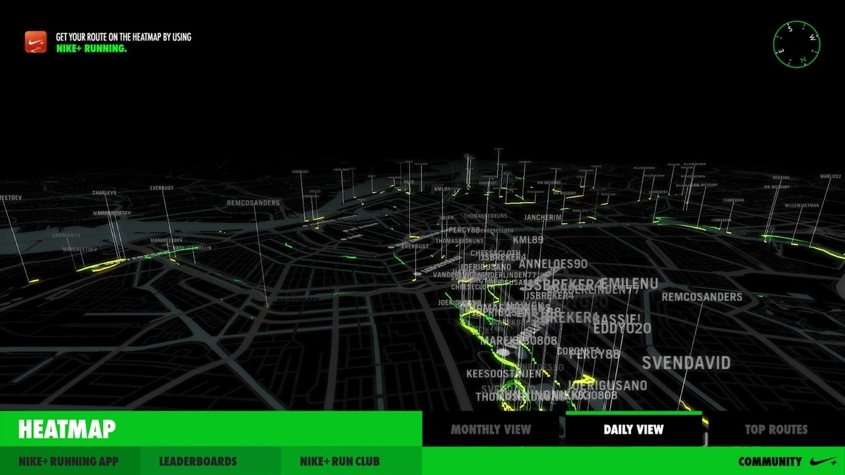 A screen-capture of heatmap, respective runners, their names and routes