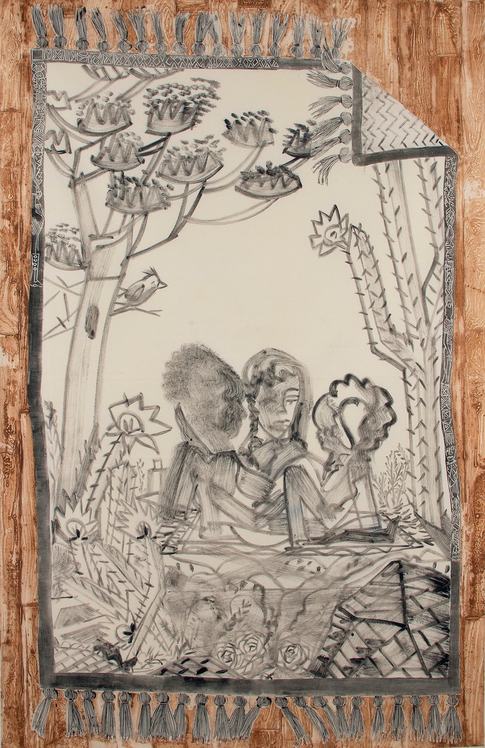 Image of a black and white tapestry of figures sitting in a landscape framed by cactus and trees