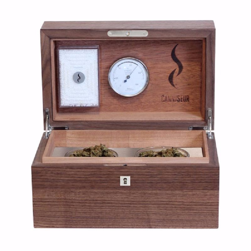Photo of CANNASEUR® One Weed Container– Walnut with Two Glasses and a Lock