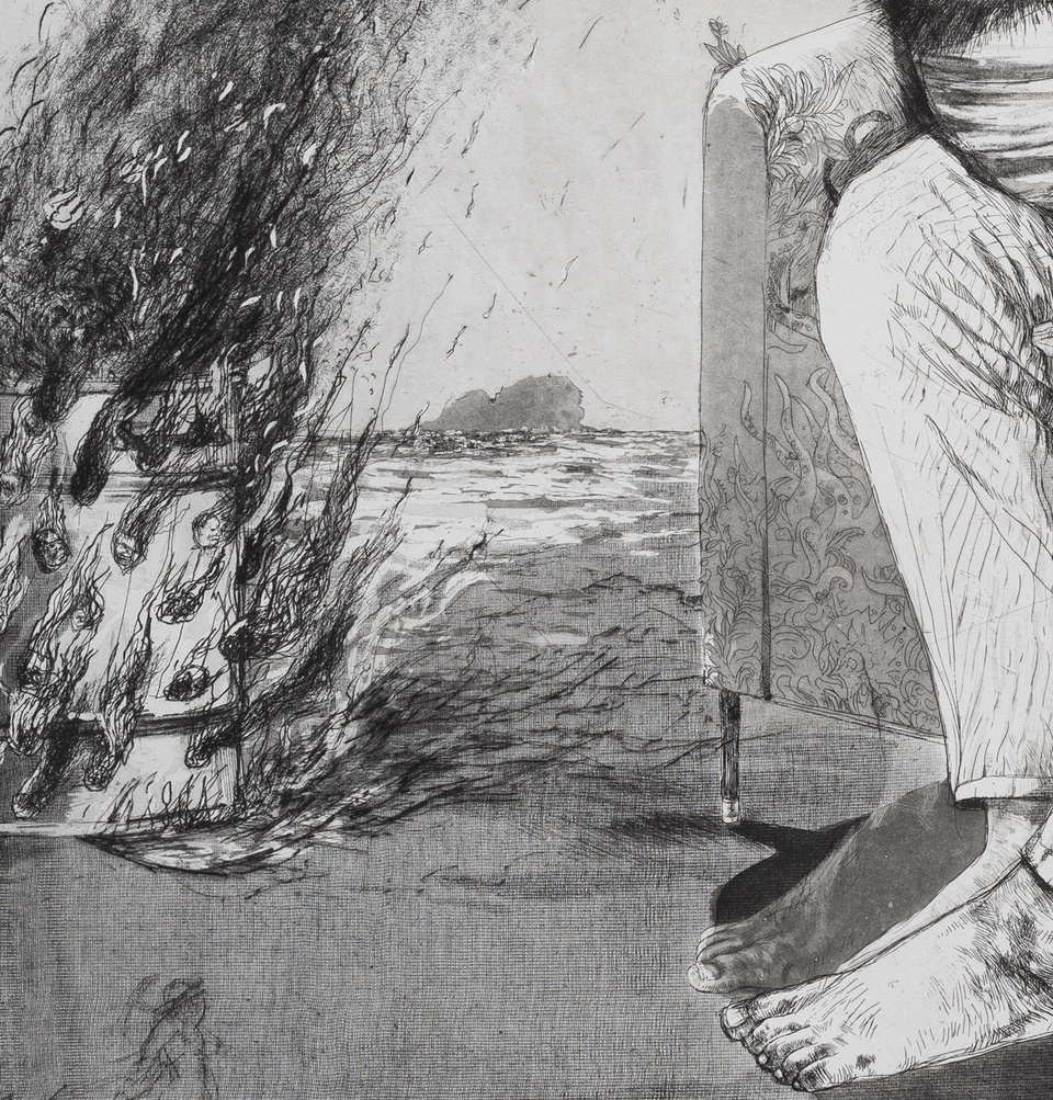 detail of print with burning vase next to a man's feet