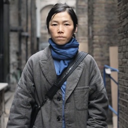 A South Korean woman in an alleyway wearing a gray coat and blue scarf high around her neck with a bag's shoulder strap crossing her torso on a diagonal