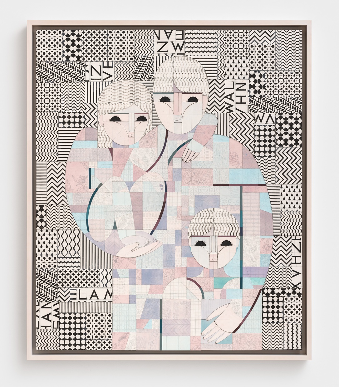 A painting of three abstract figures, one adult with two children, formed from a grid of pastel shapes against a black and white geometric background.