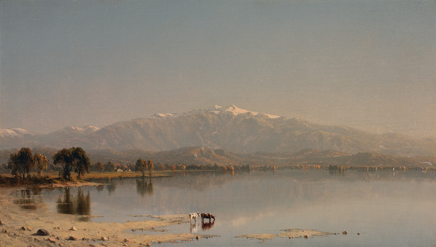 A landscape with a mountain in the distance and animals wading in water in the foreground