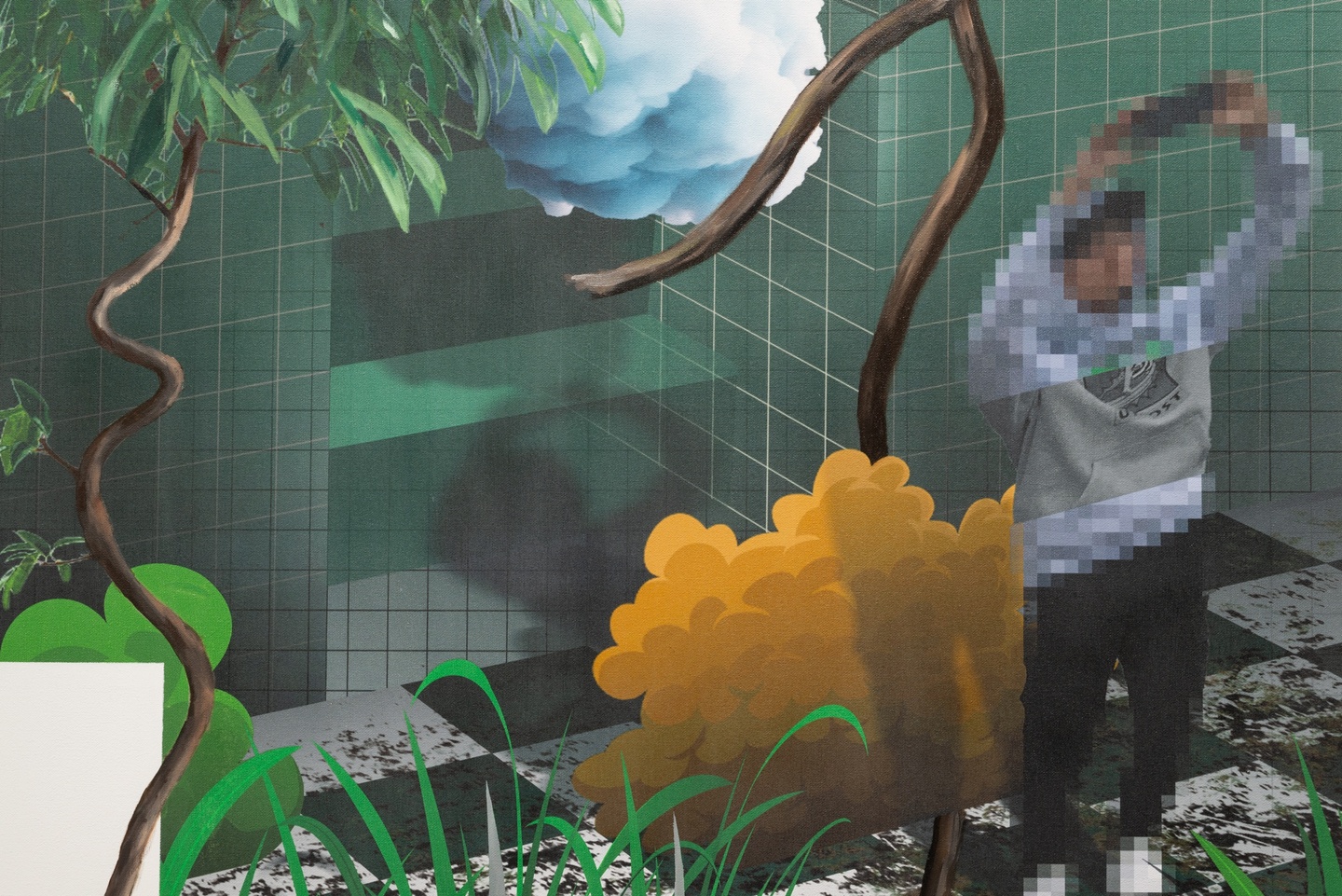 Closeup of painting with a pixelated person holding up a phone as if taking a photo