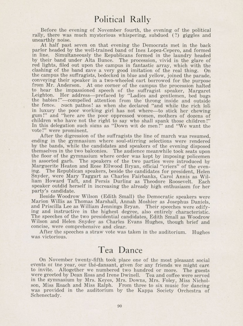 A typewritten page has the headline “Political Rally” written in larger font on the top center followed by smaller text. Another headline “Tea Dance” appears lower down on the page.