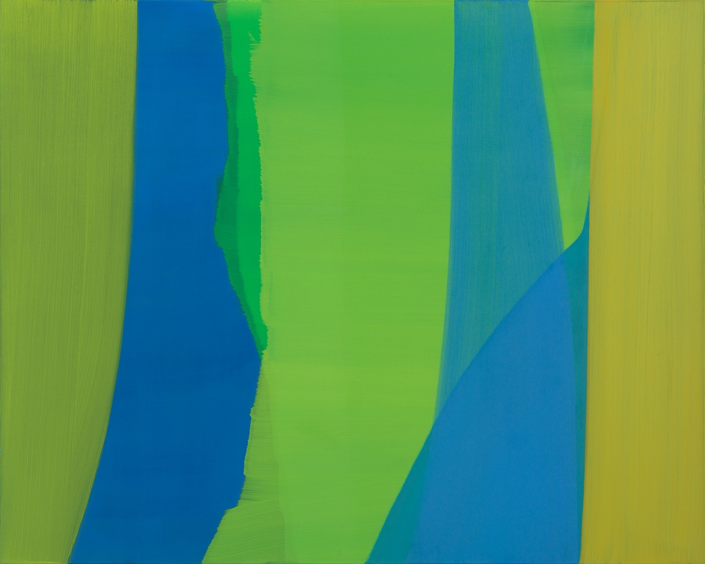 An abstract painting with vertical bands of color in greens and blues