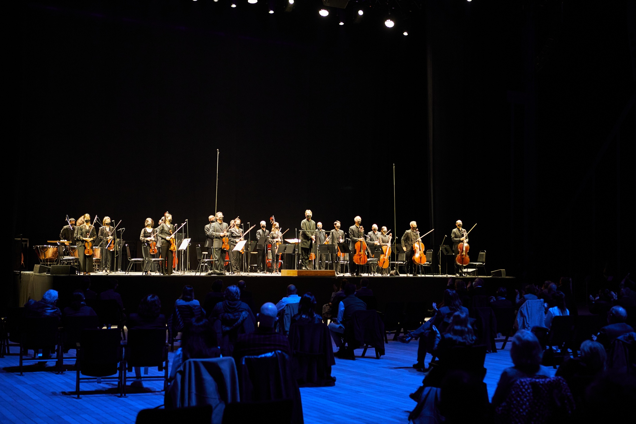An audience seated in distanced pairs in blue shadowy light with an orchestra standing on stage illuminated in the background