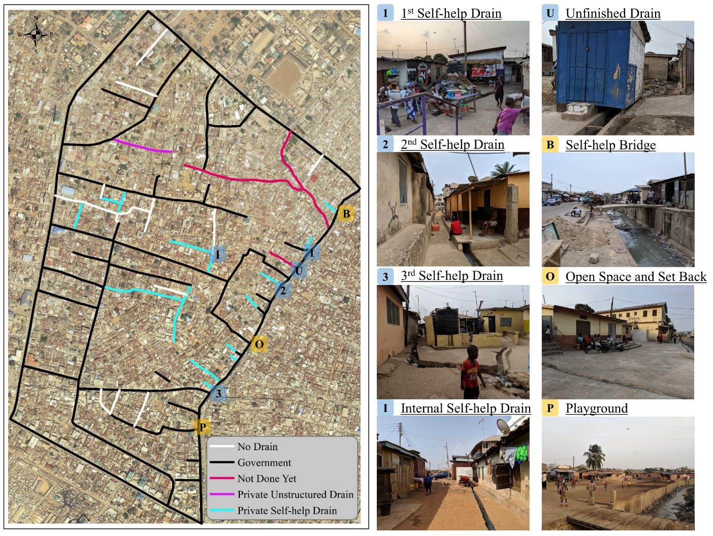 Map on the left and a set of 8 photos to the right, illustrating the distribution of self-help cases in Accra New Town.