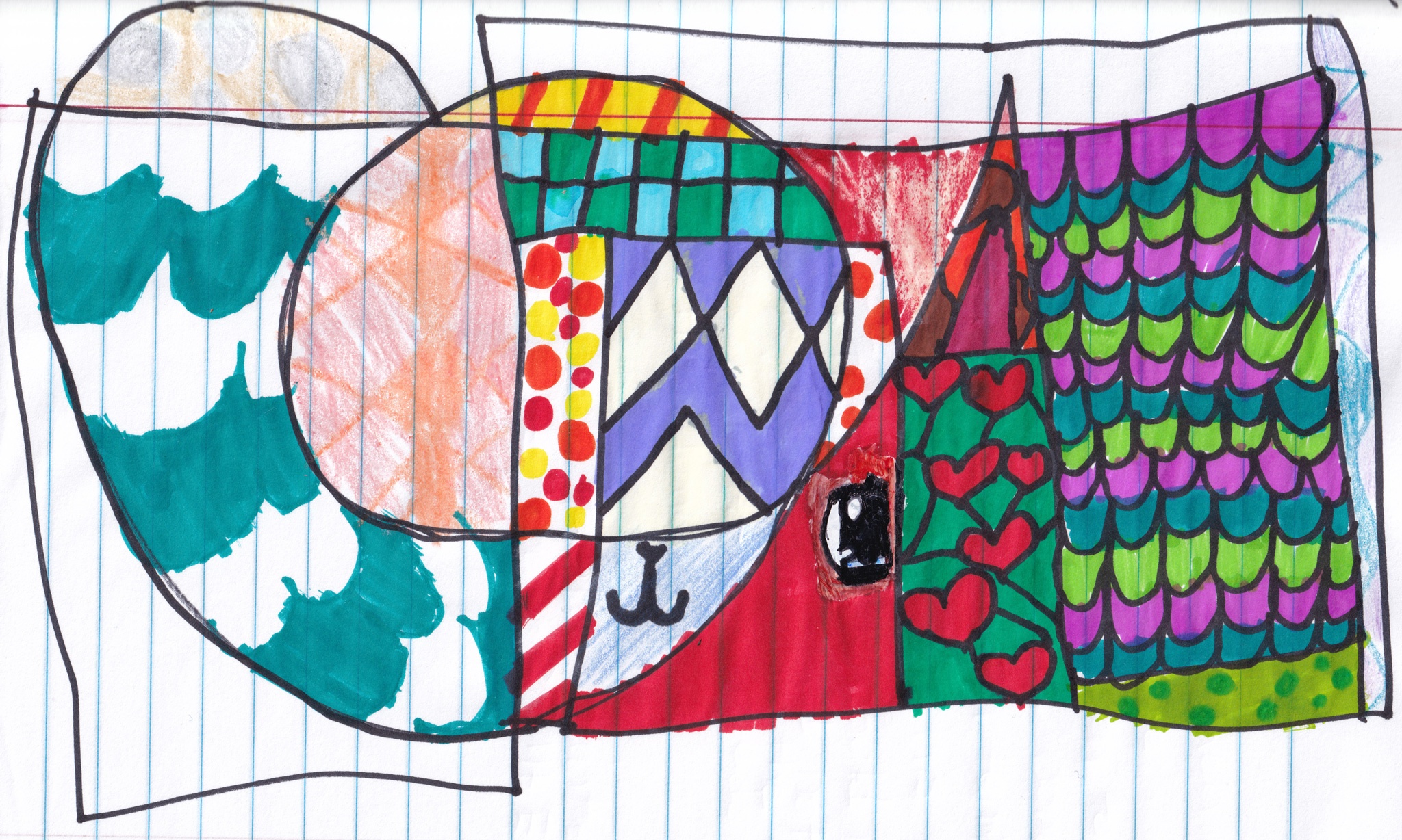 A geometric and colorful drawing on lined paper.
