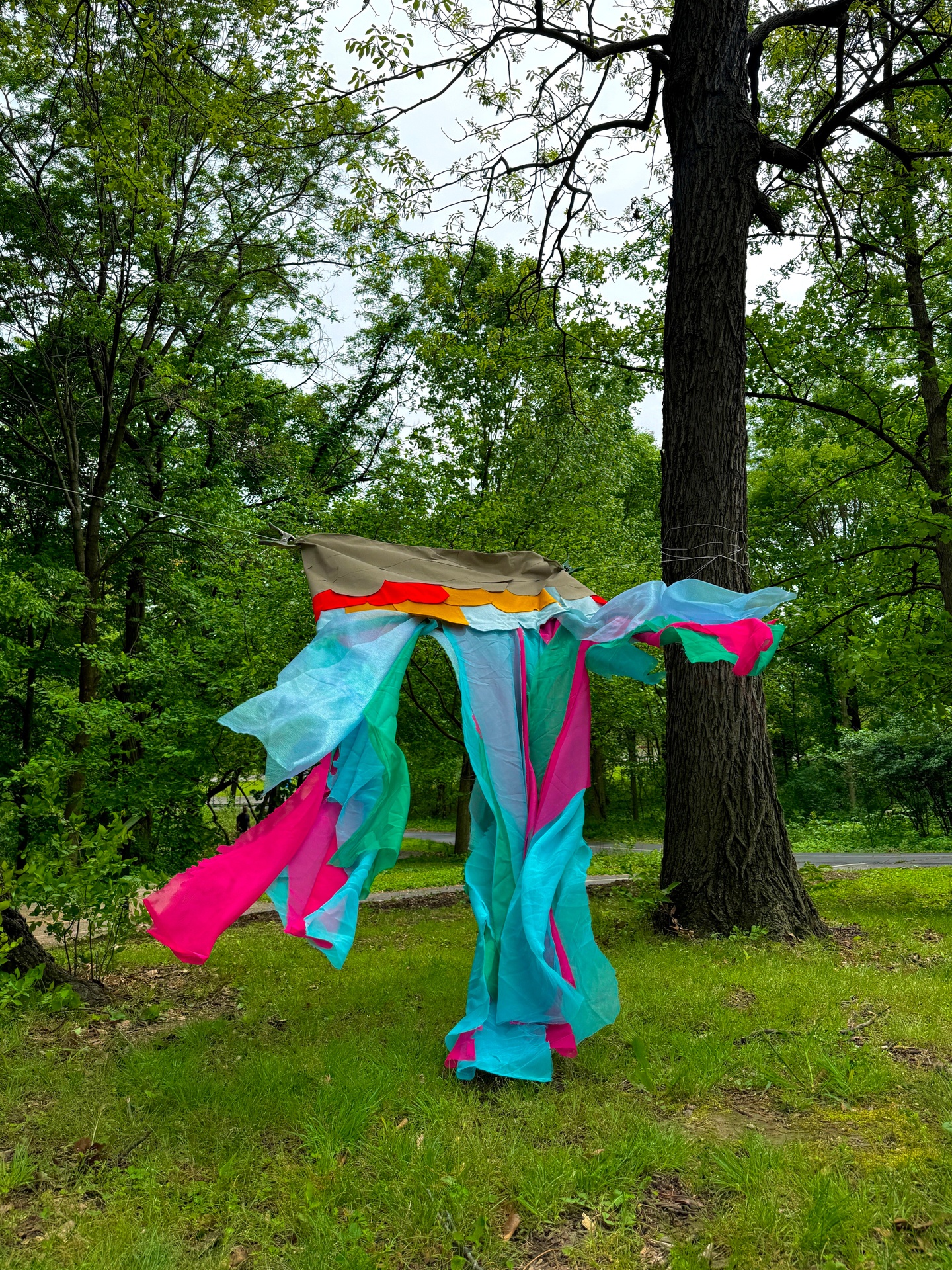 A artwork made of thin blue and pink fabrics blowing in the wind in the forest. 