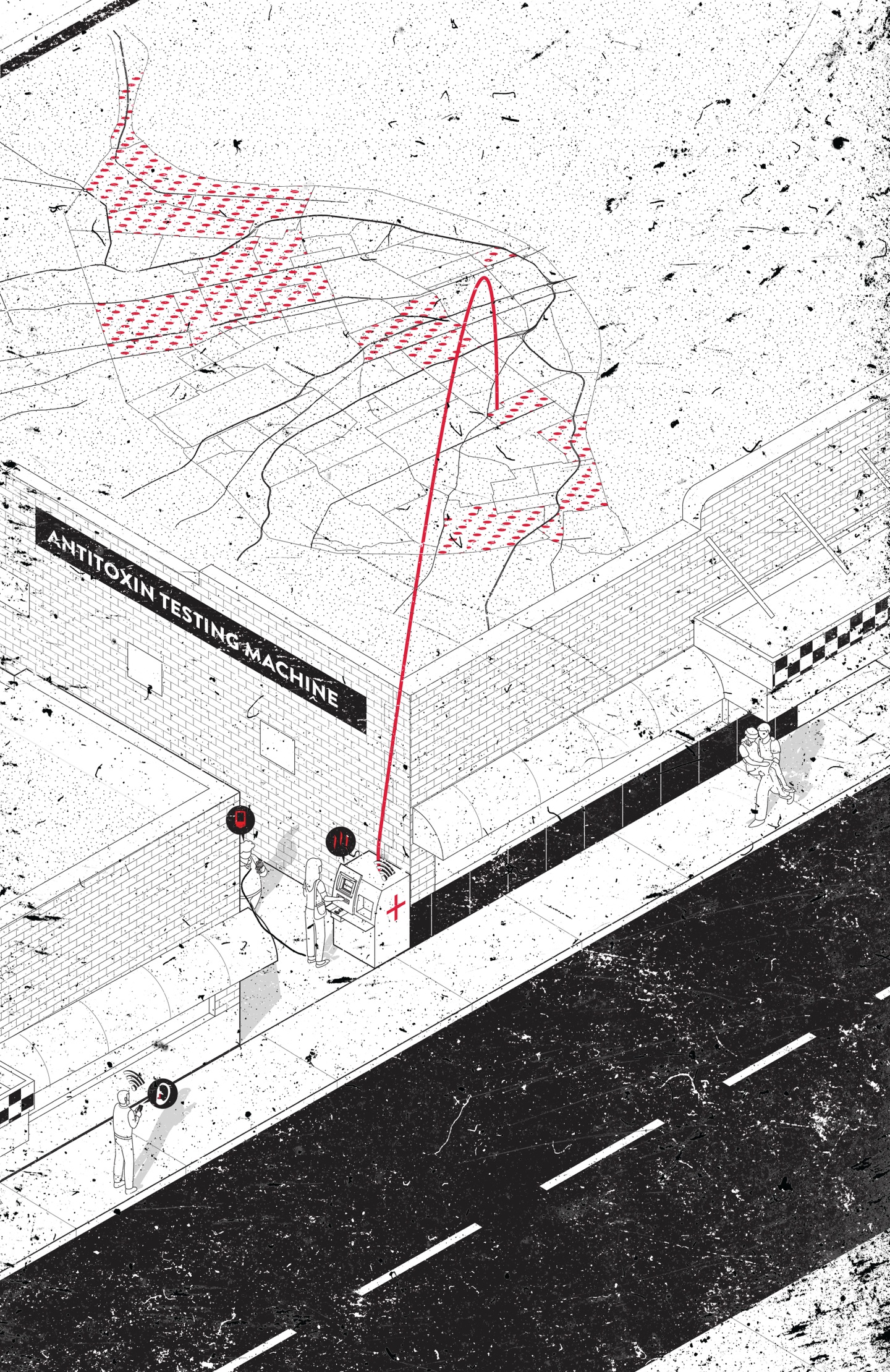 Axon drawing of an ATM (Antitoxin Testing Machine) in an alleyway of a location marked on a map of the city of St. Louis.