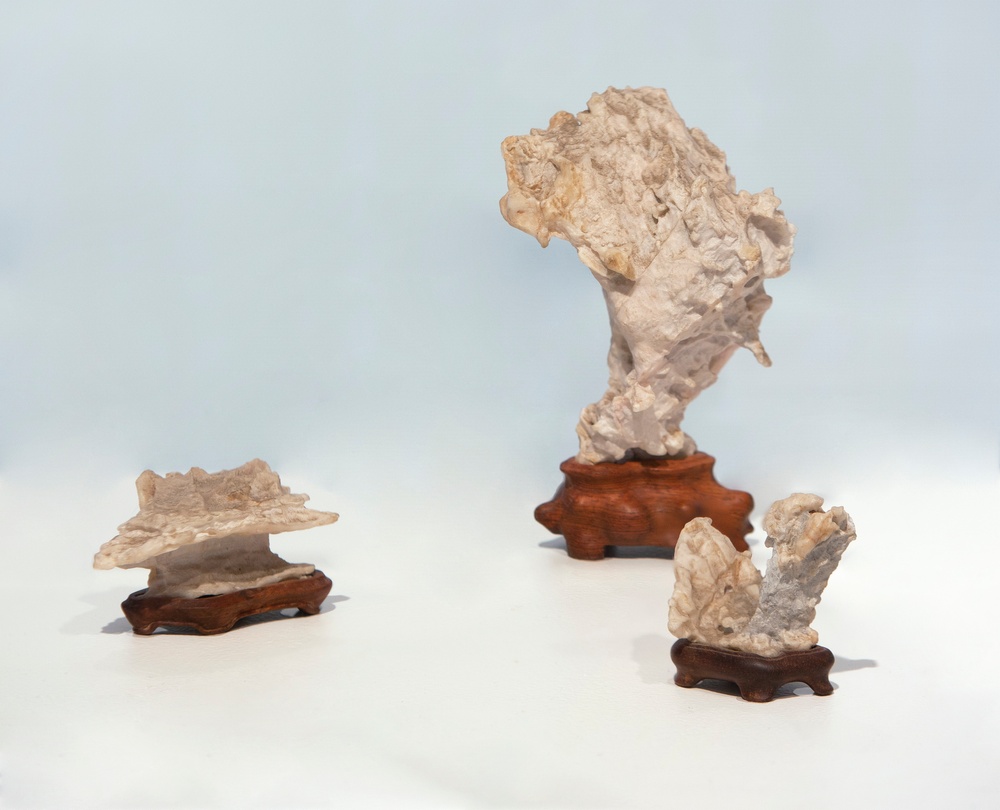 Three light, irregular-shaped rocks, each on their own wooden pedestal.