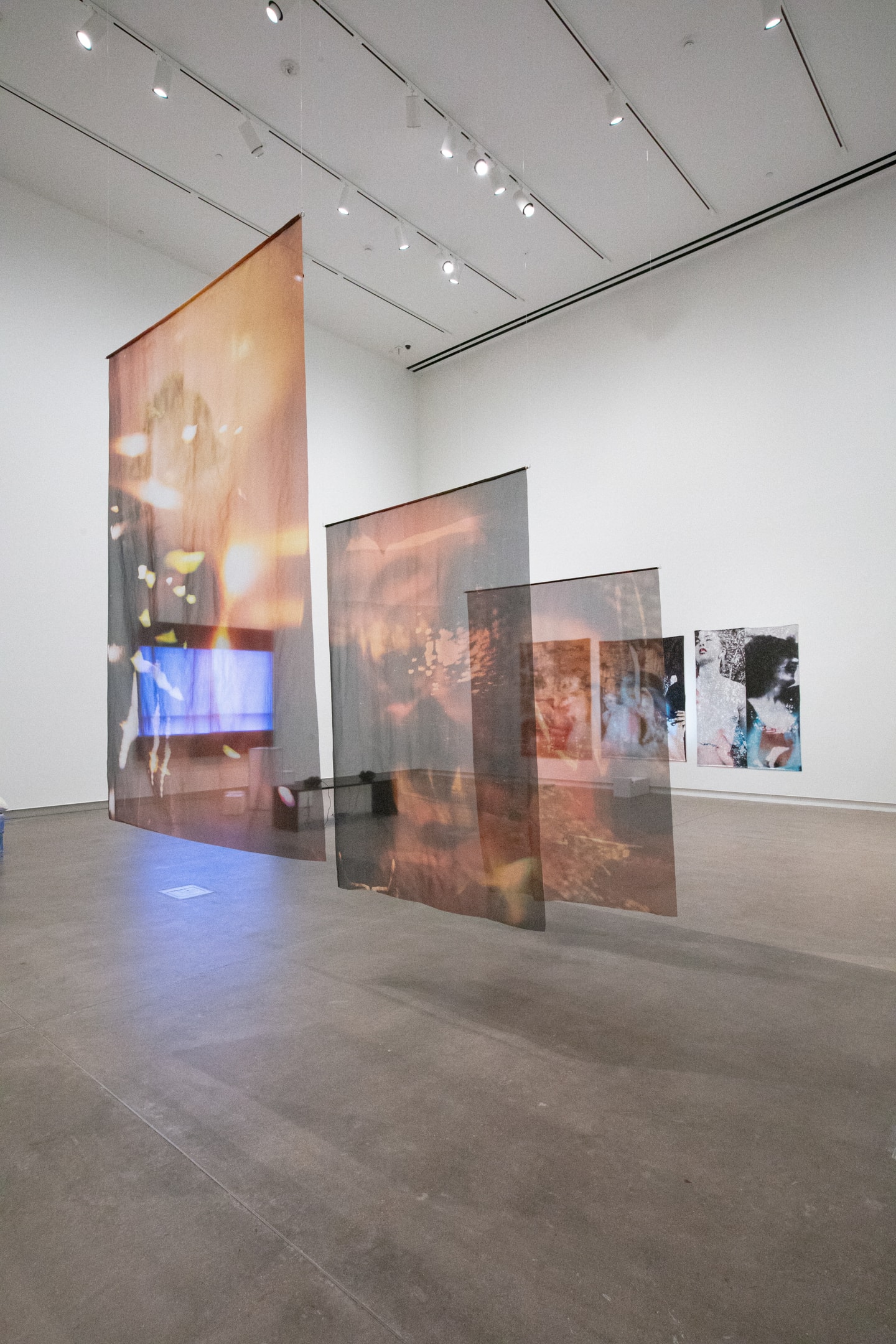 3 large scale photo prints on fabric hanging from the ceiling in a gallery