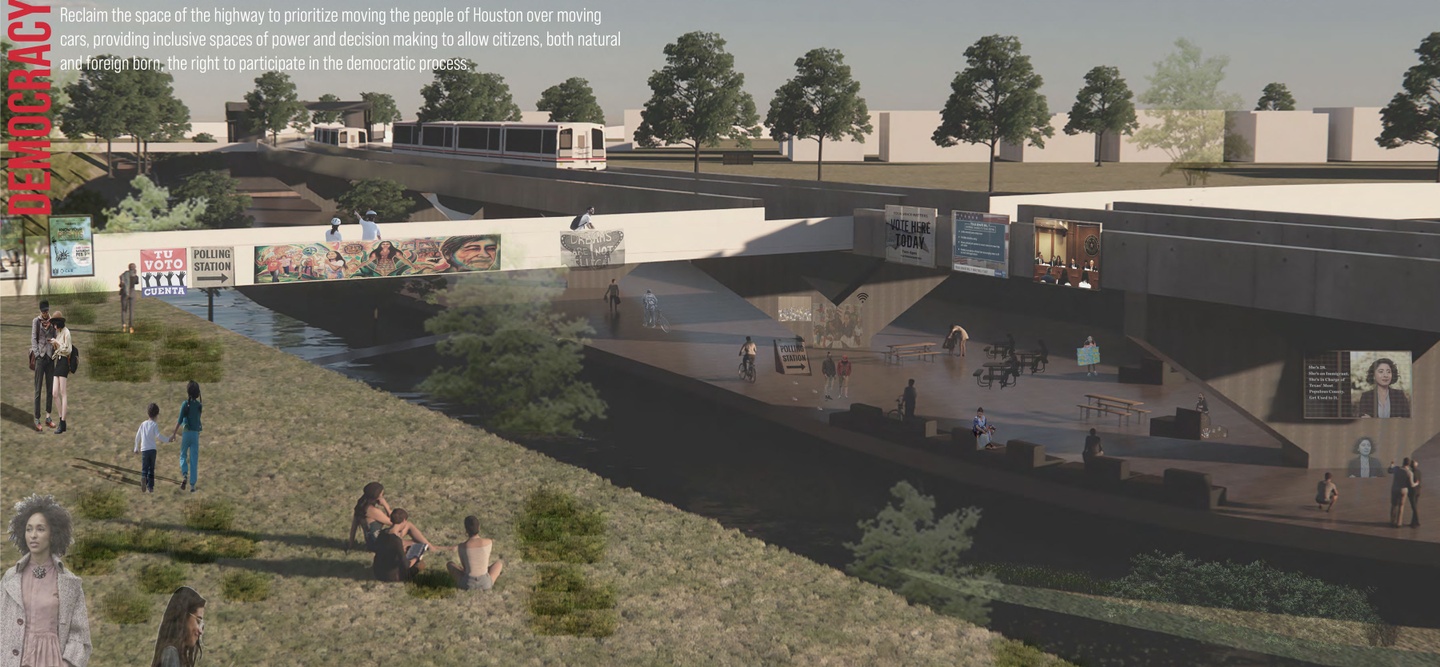 Rendering showing a portion of what had been an interstate replaced with greenspace, restored wetlands, and public transit.