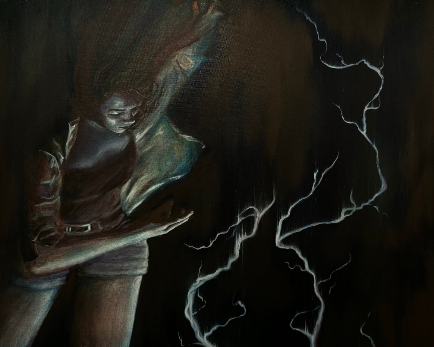 Painting of someone in the middle of a large flourishing movement; lightning-like lines extend from the bottom right of the canvas to the top.