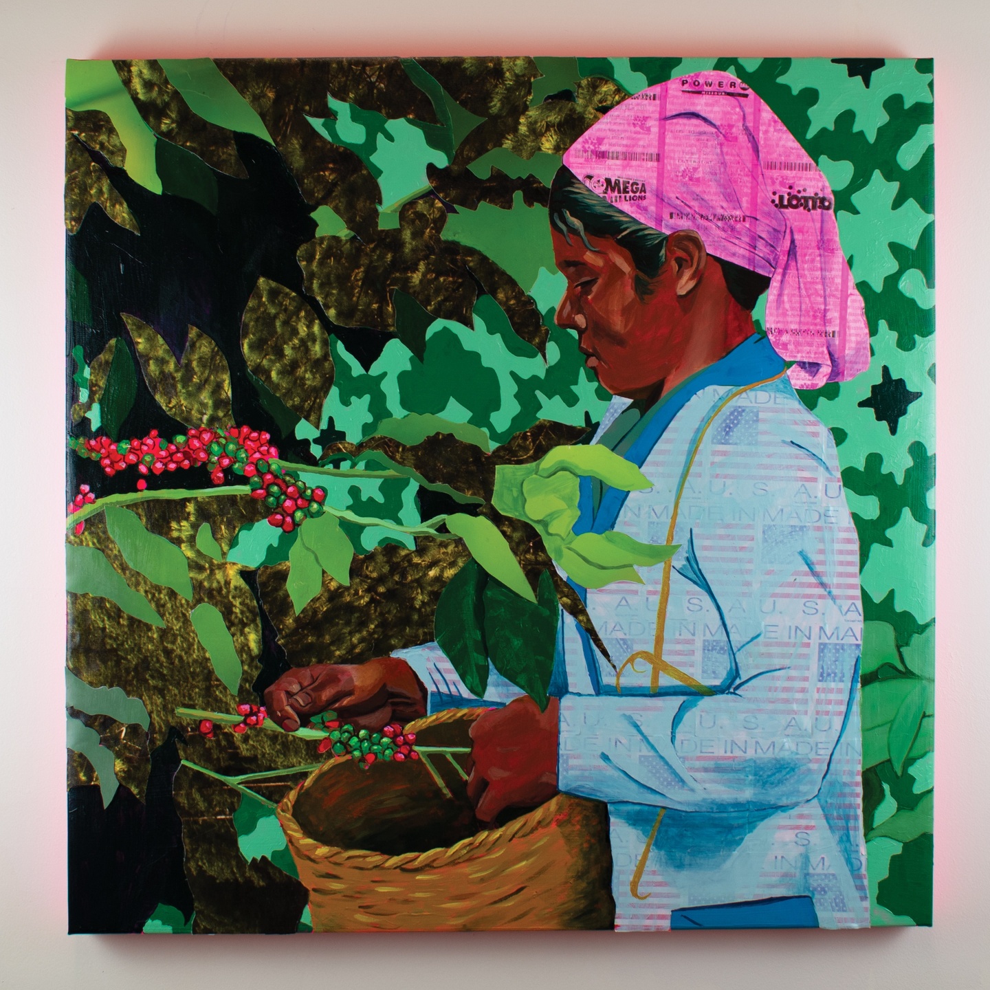 Collage/painting on a square canvas: a person with a pink headscarf gathers berries, a basket in their left hand. There are typographic textures overlaid on the scarf and shirt; on the former, what appears to be a receipt; on the latter, an American flag with the text, "MADE IN U.S.A.".