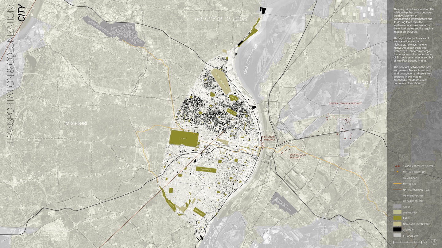 Map exploring the relationship between transportation infrastructure and past and present Native American land occupation in St. Louis.