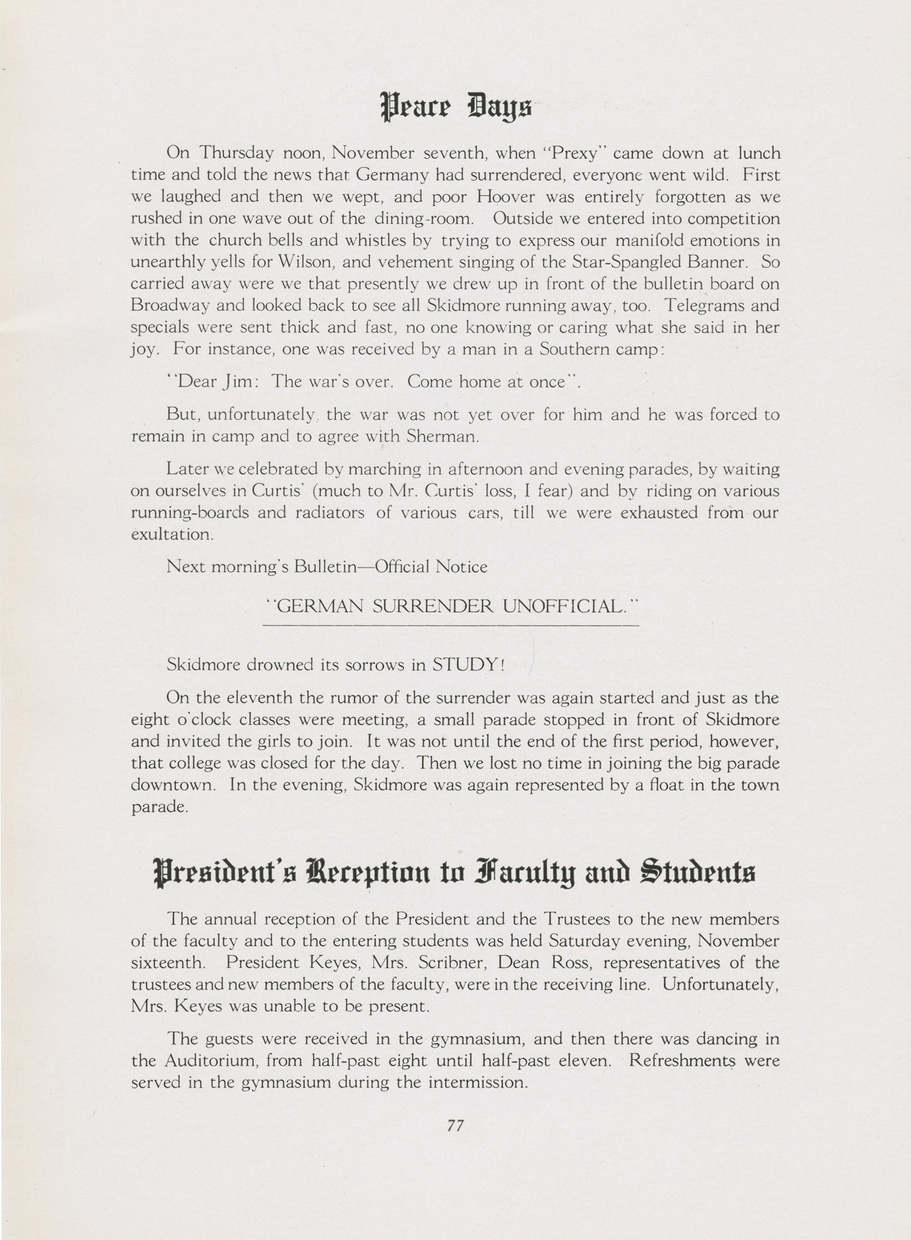 A typewritten document has the headline “Peace Days” written in decorative font in the top center followed by smaller text recounting the announcement of the armistice.