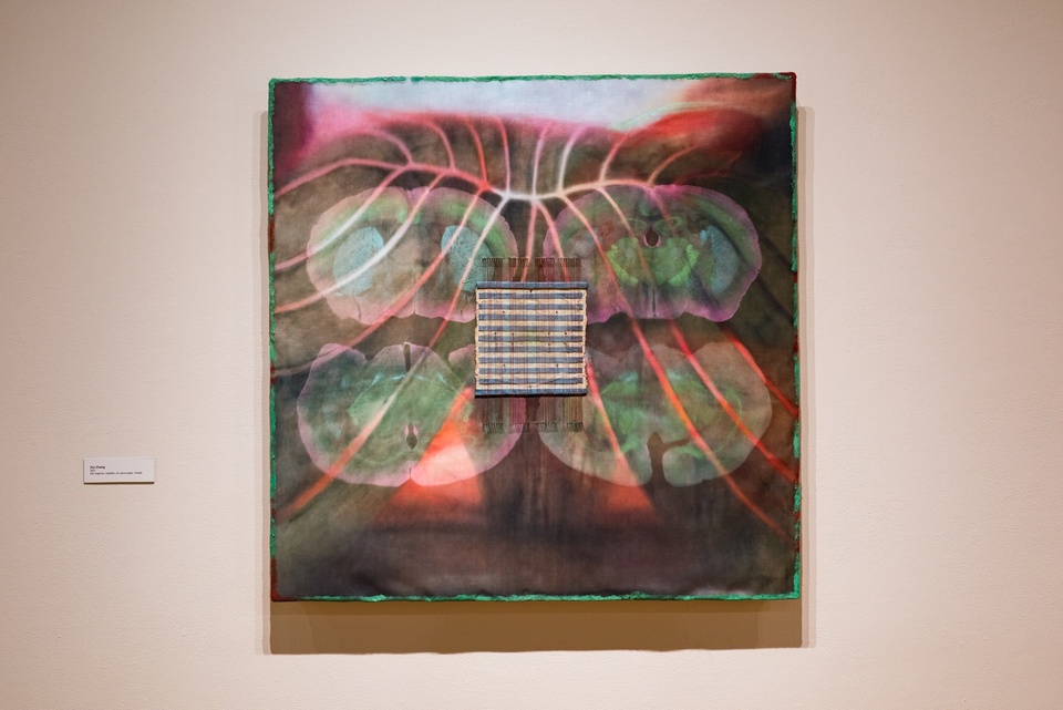 Square canvas painted with four greenish organic shapes like brain scans overlaid by feathery red and pink tracery. In the center of the canvas is a small square grid of fabric with a mesh of strings tacked over it.