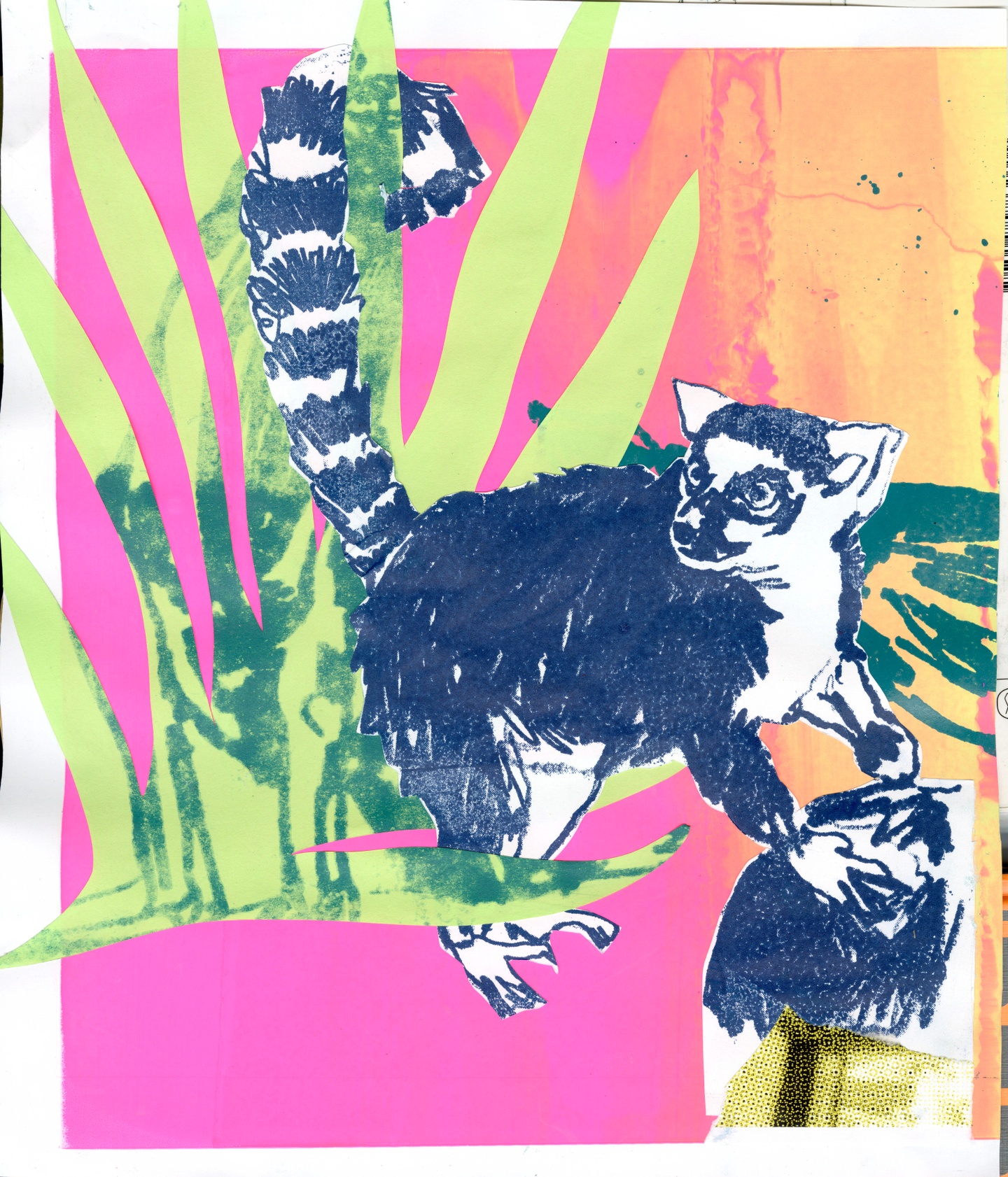 A collage of a lemur with a leafy green plant on a pink and orange printed background