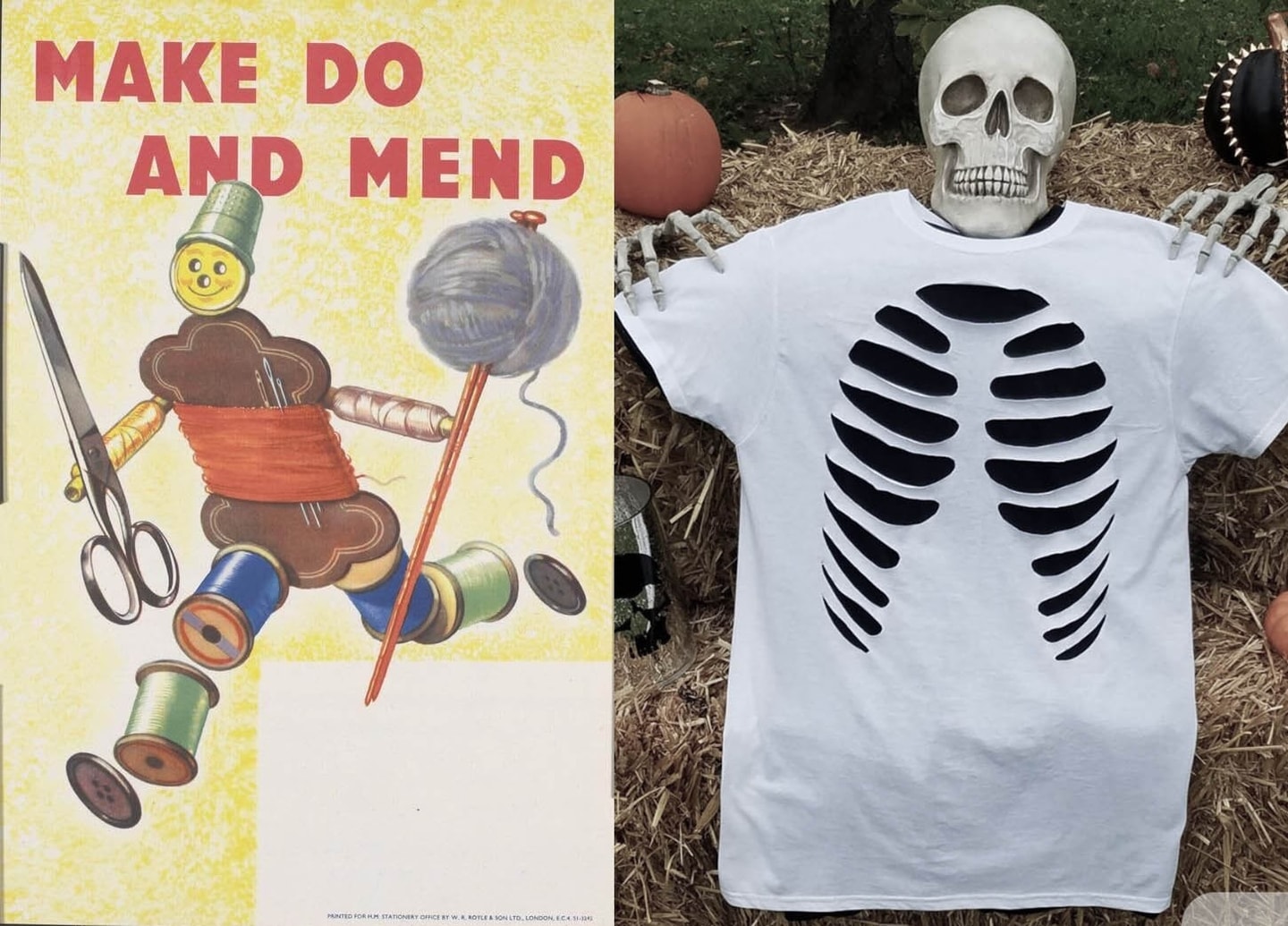 old time poster of a person made out of sewing supplies and an image of a skeleton wearing a a skeleton tshirt 