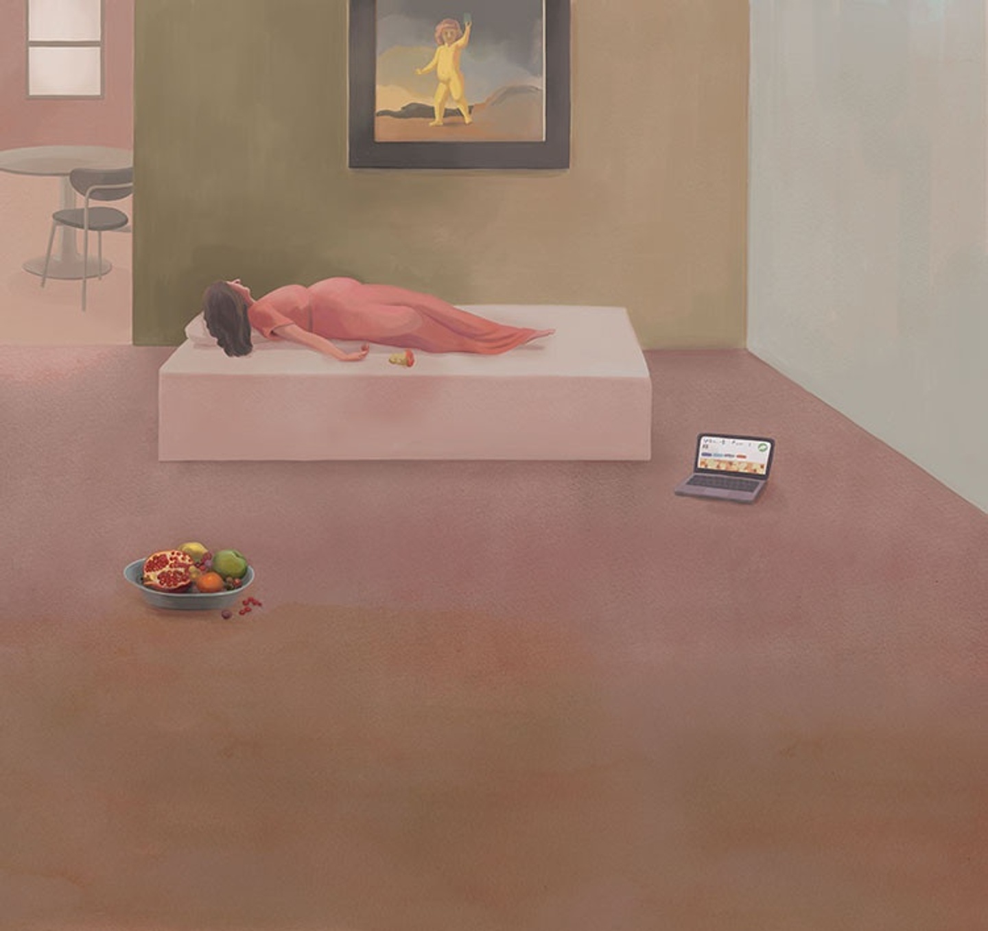 Mixed media digital illustration of a figure lying on a spare white bed, a painting hanging on the wall above it. On the largely barren floor are an open laptop and a bowl of fruit.