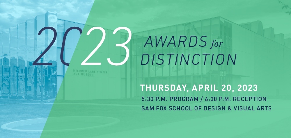 Cyan and teal graphic for the 2023 Awards for Distinction, with a building visible behind the color screens.