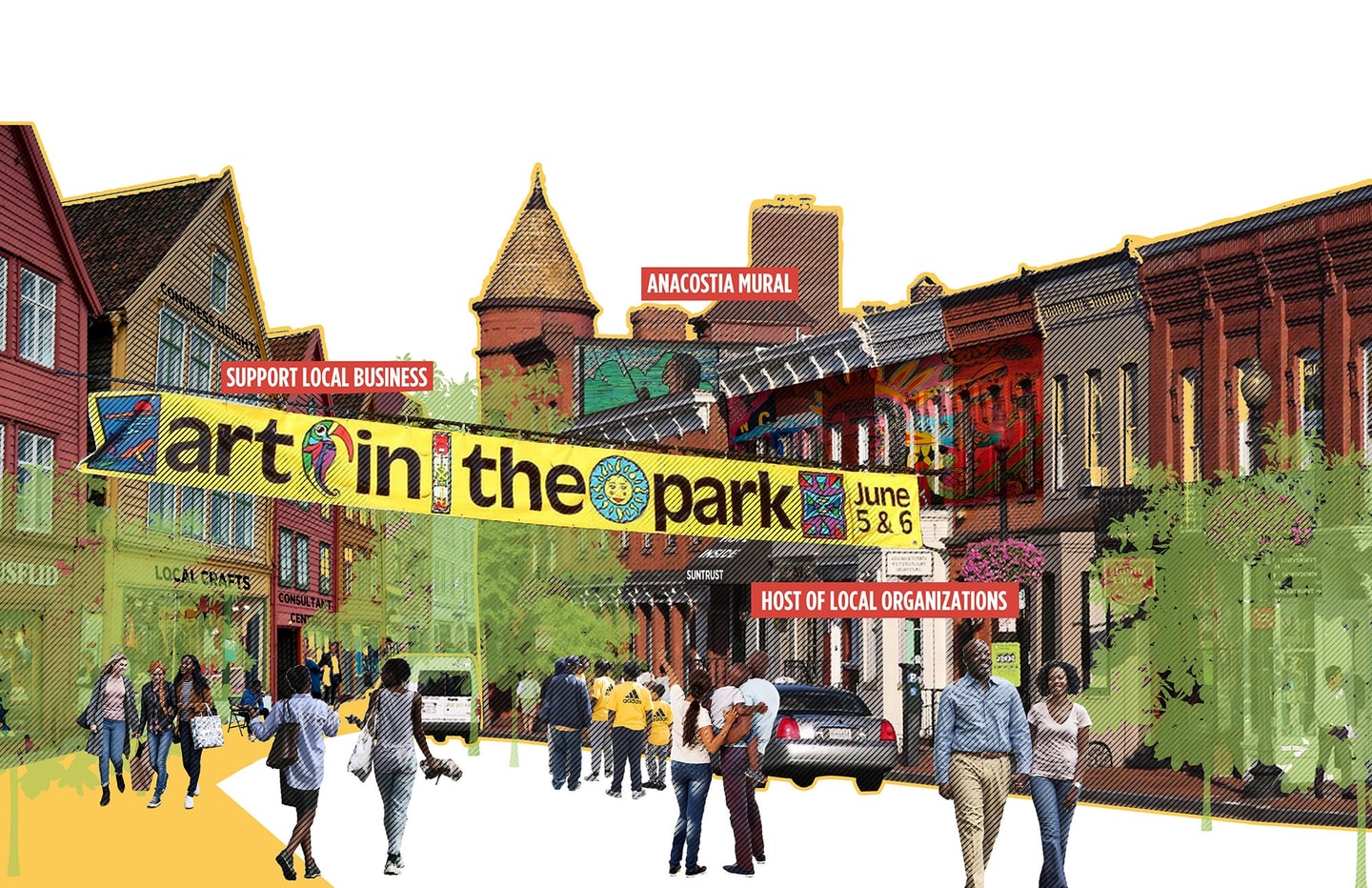 Rendered collage of a crowded shopping area with two-story shop lots with a banner 'Art in the park' across the pathways